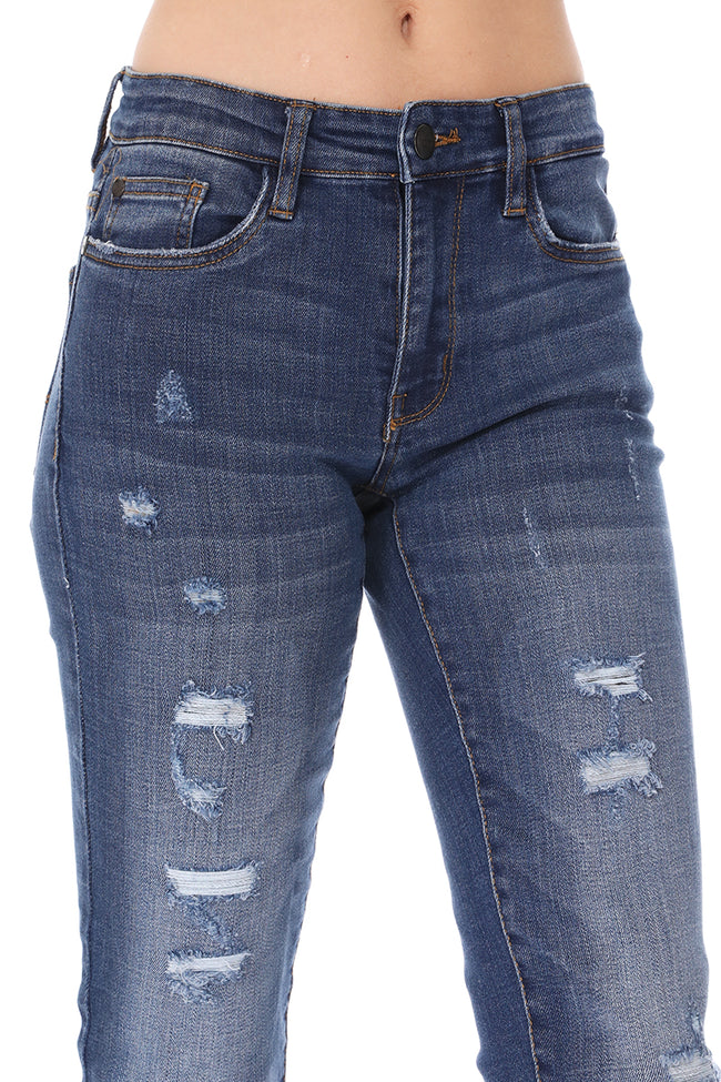 Mikuri 08 Women’s Mid-Rise Raw Hem Distressed Skinny Fit Denim Jeans